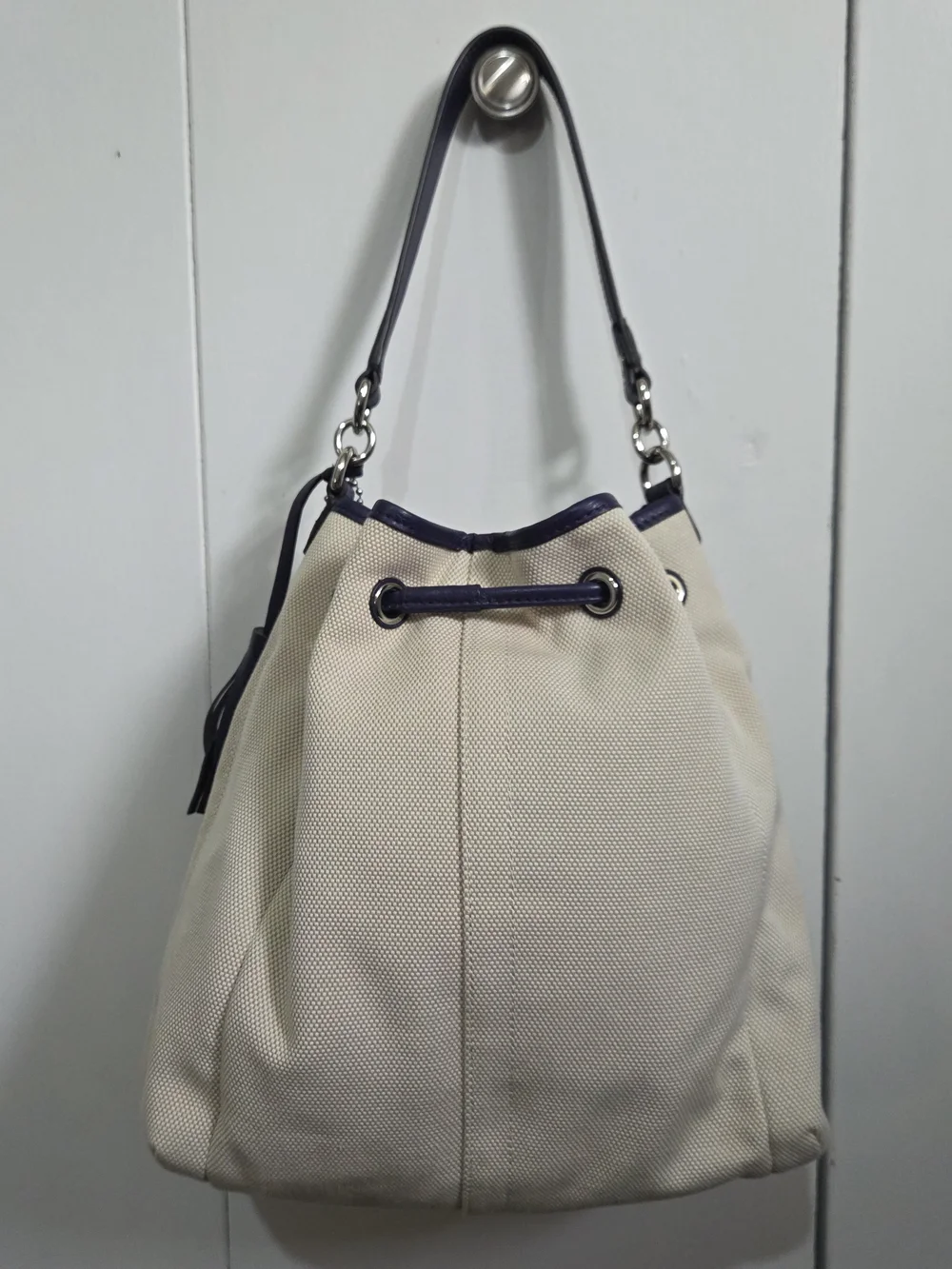 NEW Coach Beige Canvas and Navy Leather Drawstring Bucket Bag
